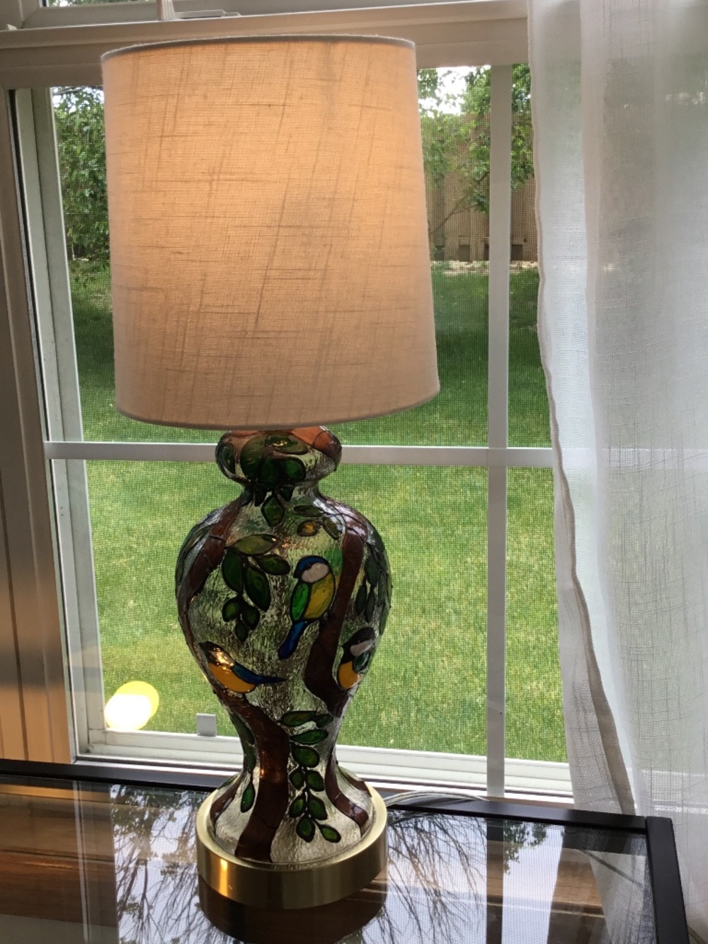 Hand Painted Stained glass Birds and Vine 22 inches tall lamp